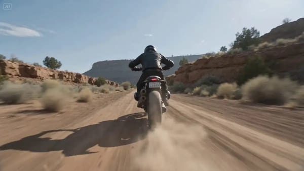 Ultra cinematic high-speed chase sequence, a powerful motorcycle racing at extreme speed along…