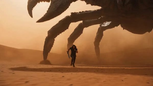 n intensely realistic, VFX-heavy cinematic sequence shot on ARRI Alexa 65. In a vast, heat-shim…