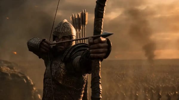Epic wide-angle shot of a vast ancient battlefield at golden hour, thousands of warriors clashing w… prompt example