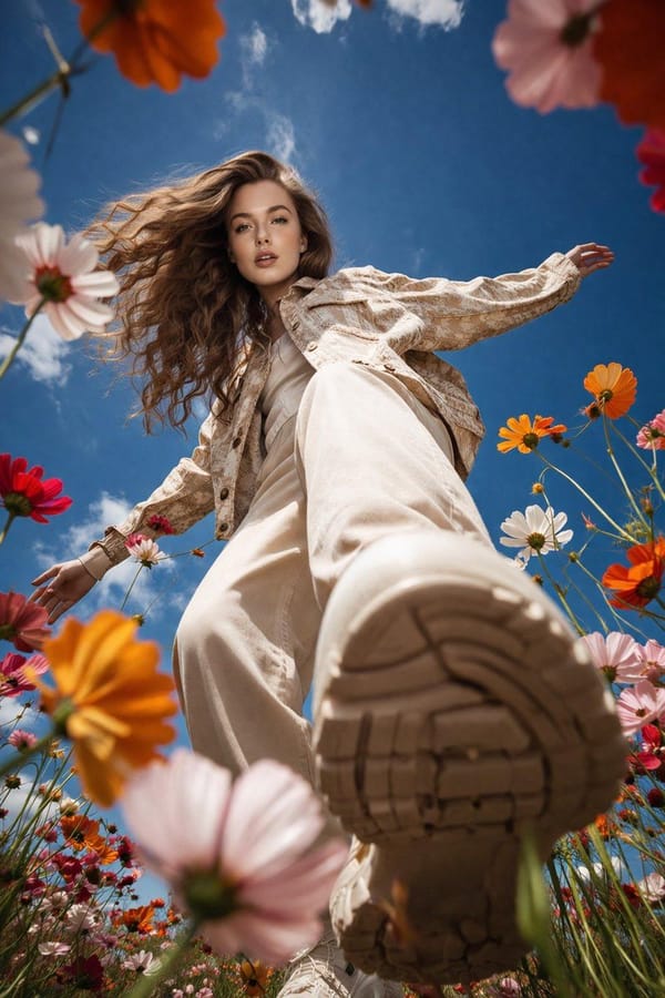 A cinematic ultra-wide low-angle shot of a stylish young woman walking through a vibrant flower fie… prompt example