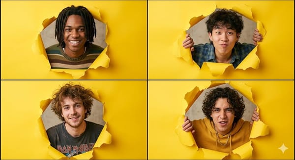 A high-resolution 2x2 grid collage of four individual portraits. In each square, a different young… prompt example
