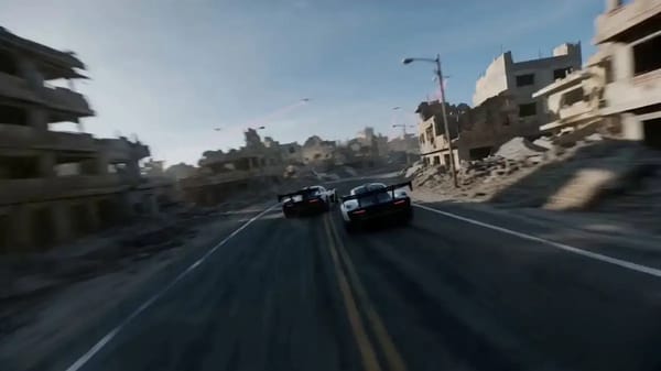 FPV drone camera chasing a pack of 2 racing cars speeding together on a super narrow curvy road…