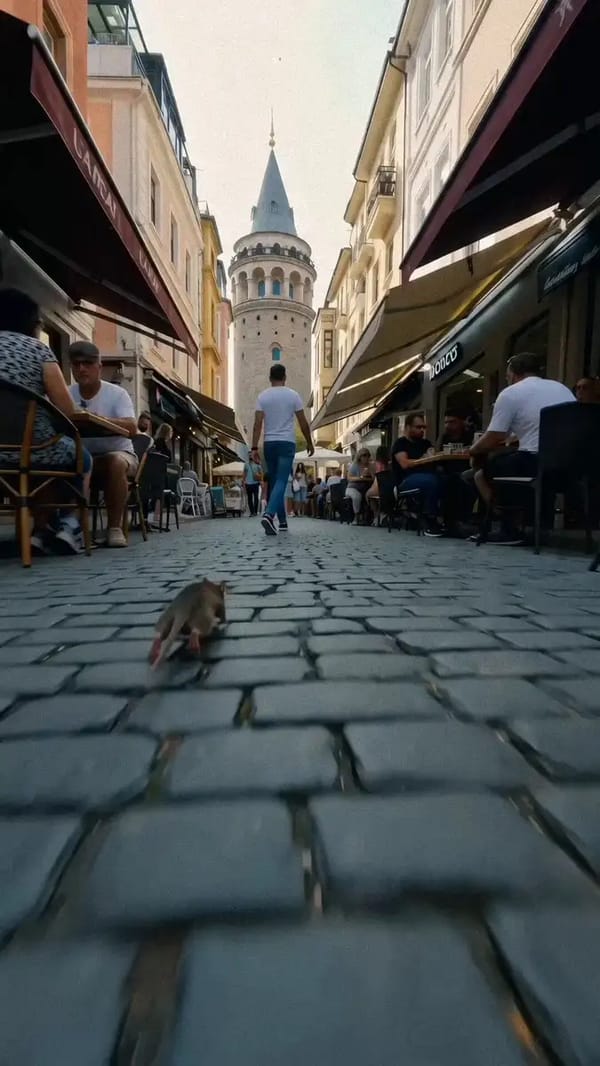 Bir kedinin POV bakış açısından istanbul’da galata kulesi önündeki sokakta bir fareyi kovalaması. t… prompt example