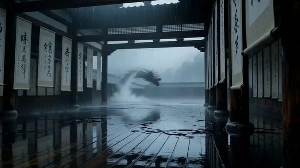 A silent monk in soaked black robes stands in an abandoned calligraphy hall during torrential rain.… prompt example