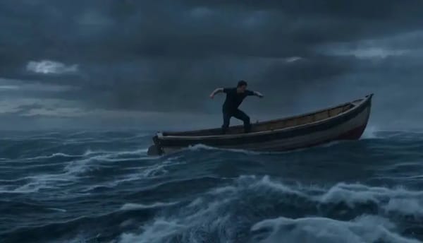 A lone man struggles to steady himself on a small boat in the middle of a violent ocean storm. Thun… prompt example