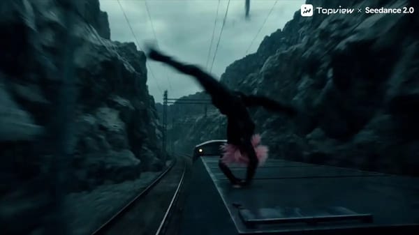 Dramatic low-angle tracking shot speeding along rain-slicked train tracks through a narrow moun…