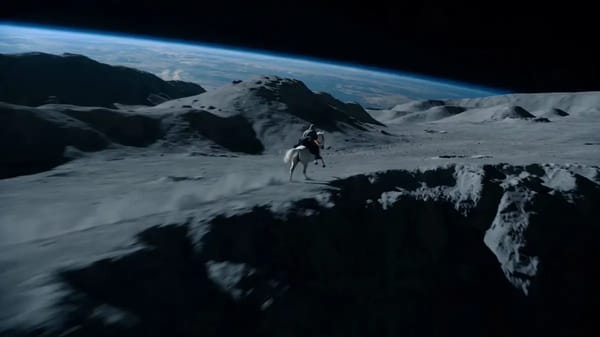 Open on a majestic lunar landscape under black sky, silver dust exploding under the hooves of a lon… prompt example