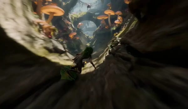 A nimble fae-ranger diving on a leaf-bladed wind-board down the colossal hollow trunk of a decaying… prompt example
