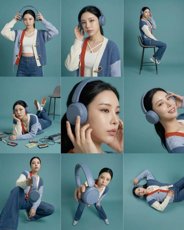 3×3 storyboard grid, nine panels, same subject and outfit, consistent teal studio background, soft… prompt example
