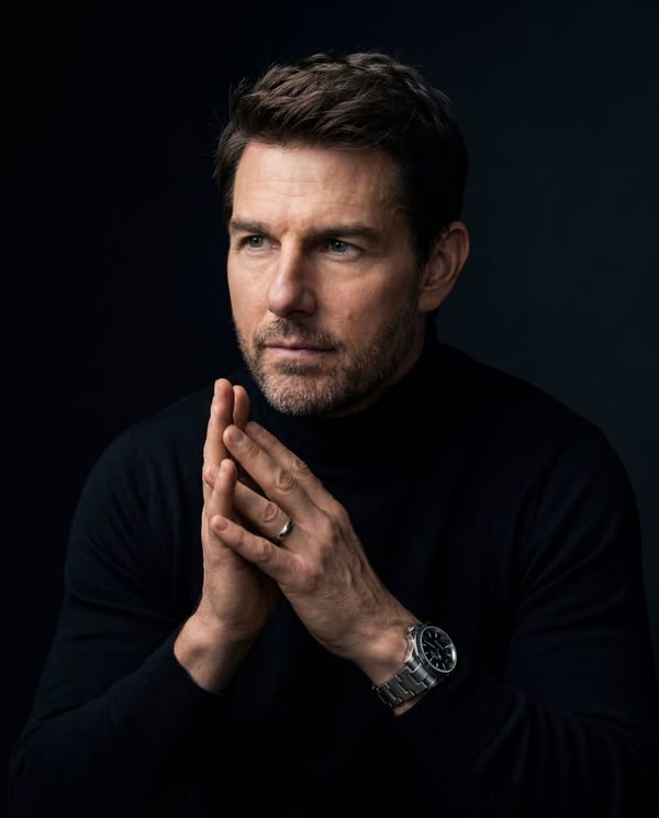 A hyper-realistic cinematic portrait of a man with short, textured hair and a well-groomed stubble… prompt example