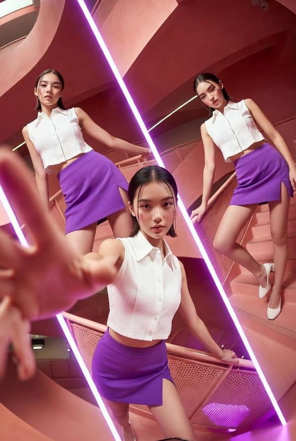A vibrant, high-fashion commercial photoshoot featuring a young stylish woman posing in multiple dy… prompt example