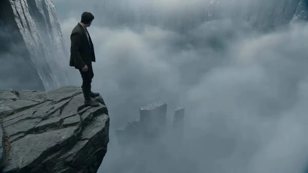 An adventurer descends from one towering cliff edge to another far below, forging a path downward w… prompt example