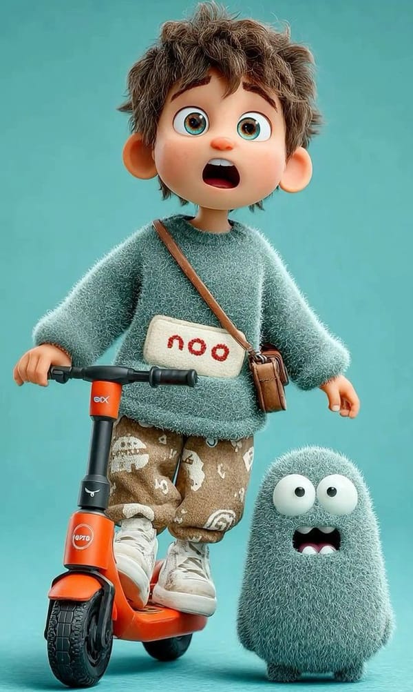 3D Pixar-style animated child character, cute young boy with messy brown hair and big expressive bl… prompt example