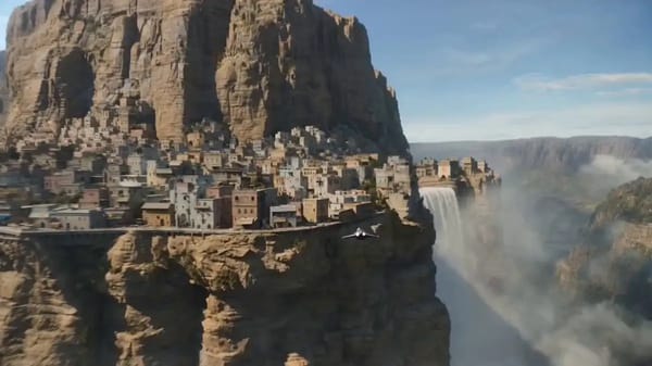 Speeder chase across a cliff city (single continuous shot) From a monumental cliffside city carved… prompt example