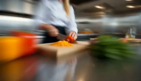 Ultra cinematic high-energy food commercial, fast-paced luxury kitchen, warm sunlight, marble and s… prompt example