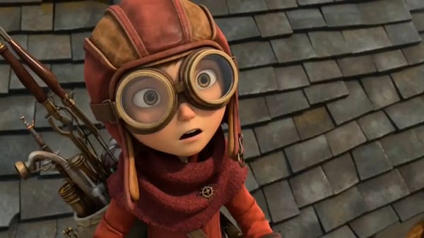 A bold little girl in a crimson aviator hood, brass goggles, and a satchel of clockwork tools swing… prompt example