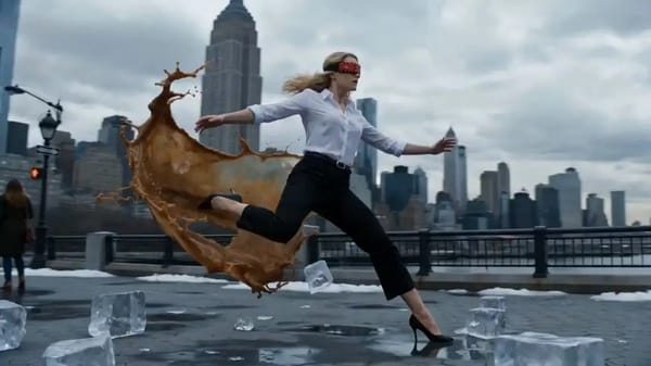 Cinematic 8K, ultra-realistic slow-motion video of a woman in a white button-down shirt and bla…