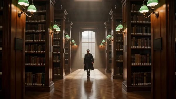 A cinematic one-take begins in a majestic private library corridor, walnut walls, green banker…