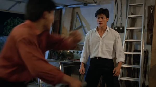 A fast-paced kung fu fight in a cramped garage, 80s action cinema style, grounded and physical.…