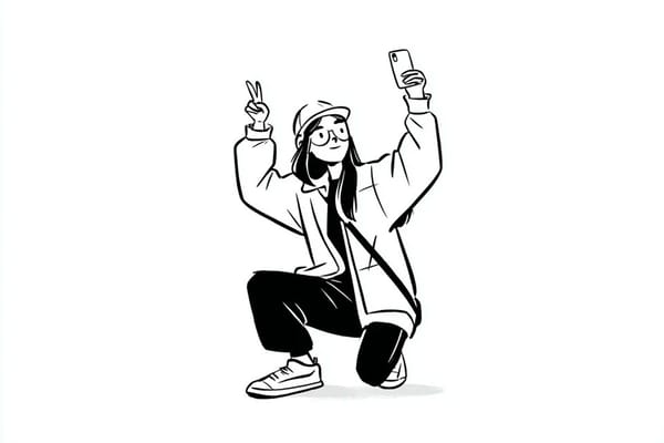 A simple black-and-white illustration of a [subject] in [outfit], [doing action], with a [facial ex… prompt example