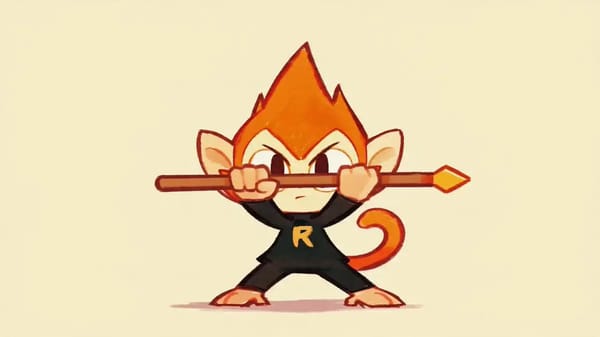 [image1] Warrior: small chibi monkey character — orange fur with flame-shaped hair tuft, large…