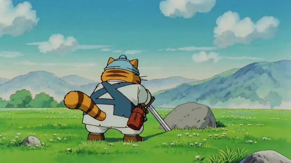 90年代の日本アニメ風 伝説の剣を抜くためにやってきたキャラクター 大見得を切るセリフを話しながら思いっきり抜くために叫びながら踏ん張るが オナラをしてしまい情けない時間が流れる カメラもす…