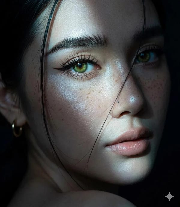 Create an extreme close-up portrait of a beautiful young woman who is turning her head toward the c… prompt example