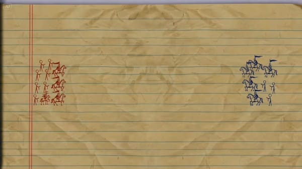 15 seconds, stylized 2D hand-drawn animation, overhead battlefield on aged yellow lined noteboo…