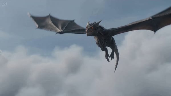 A massive dragon with dark scales and glowing eyes soaring high above clouds, wings cutting thr…