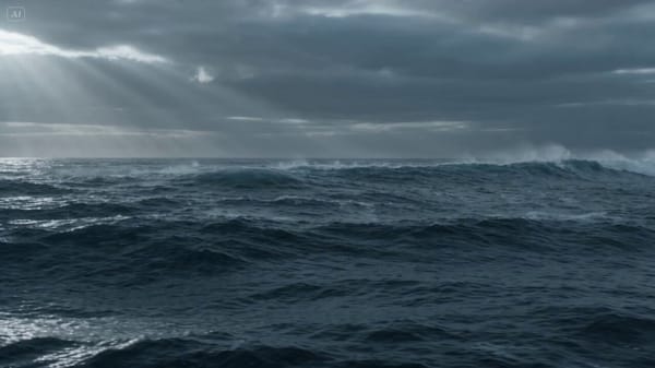 A colossal sea creature breaking through shallow water, body massive, waves crashing around it…