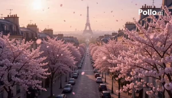 A dreamy, cinematic spring-themed Paris cityscape told through multiple cut scenes, in a soft p…