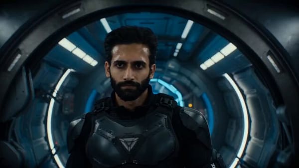 A realistic cinematic single-take sci-fi sequence: a man exactly matching @ Image1 (face, shape…
