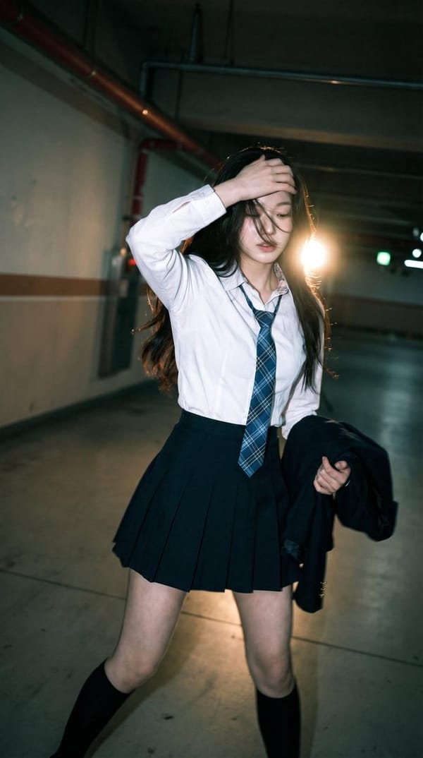 Candid portrait of a young woman in a dim parking garage, wearing a white shirt with a blue pla…