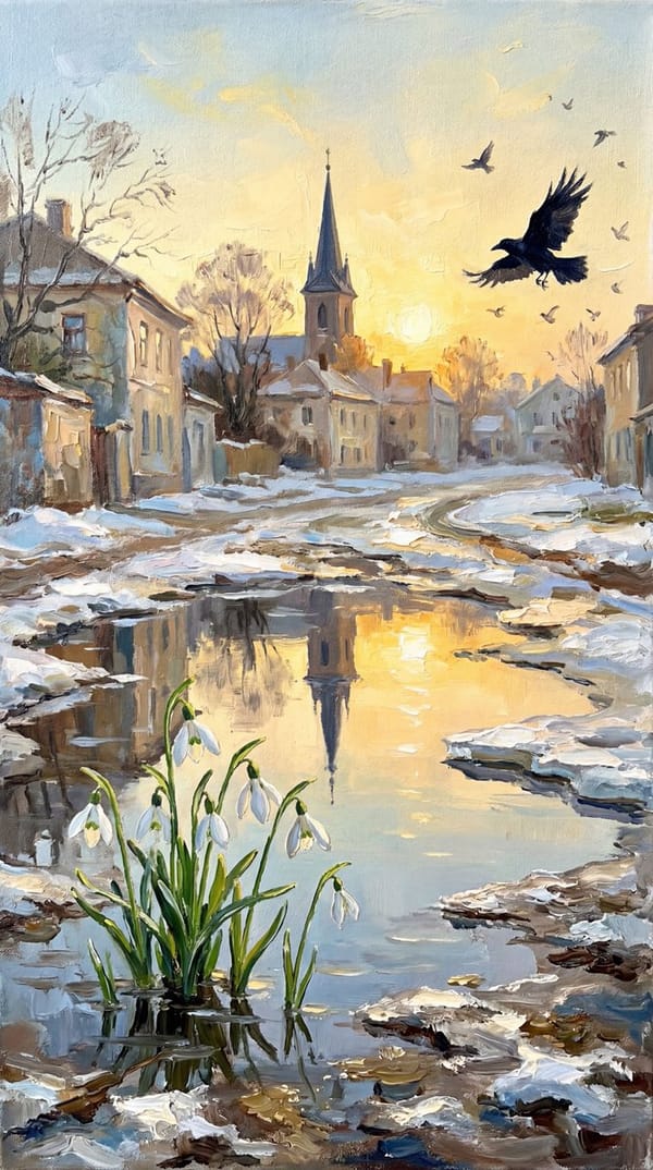 A surreal, high-resolution conceptual image depicting the transition from winter to spring. In…