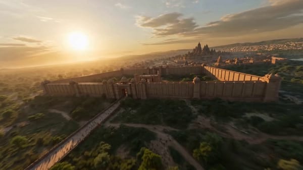 extremely fast-paced cinematic FPV flying through the ancient Indian Matsya Kingdom, hyper-realisti… prompt example
