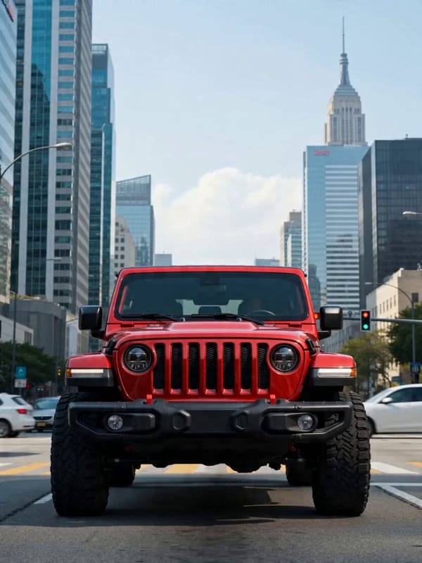 A high-quality cinematic video of a bright red Jeep Wrangler parked at a busy city intersection. Th… prompt example