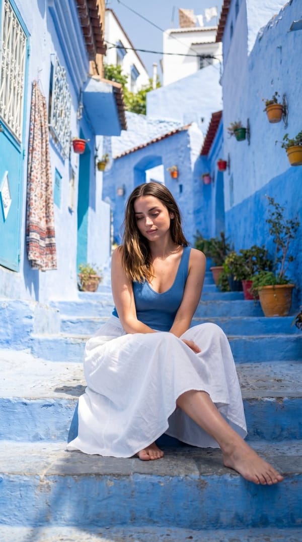narrow outdoor alley with stepped pathway in a Mediterranean blue-painted town prompt preview