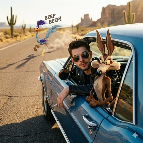 A stylish young man wearing a black leather jacket and aviator sunglasses leans out of the window o… prompt example