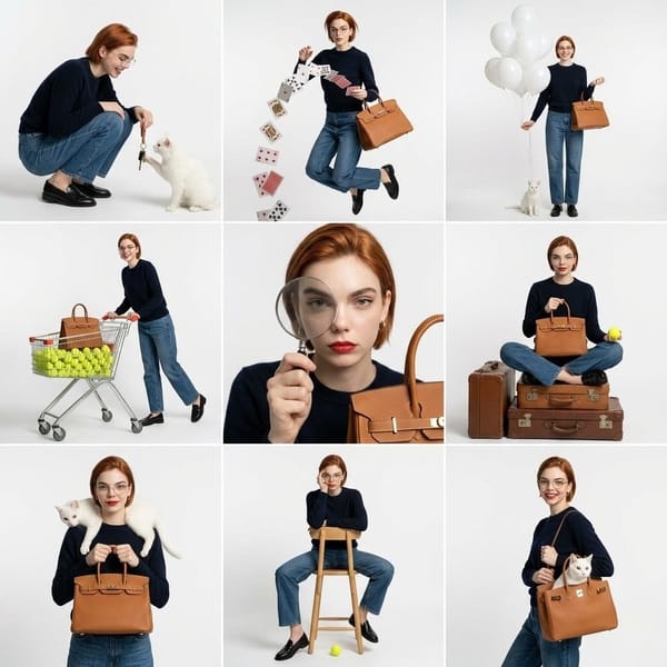 studio fashion collage, 3x3 grid layout, same subject repeated in different poses across all panels… prompt example