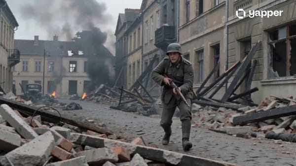 wide shot, war-torn Eastern European street in the 1940s, a soldier in a grey uniform fires toward… prompt example