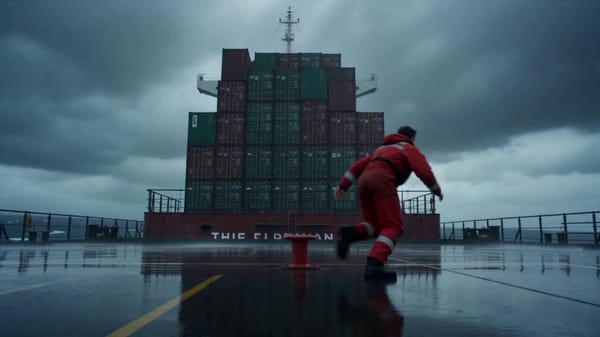 The man from @Image1 sprints desperately across a rain-slicked cargo ship deck, dodging swaying con… prompt example