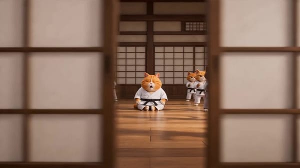 A sleepy orange cat in a crisp white taekwondo uniform dozes off in the middle of a disciplined…