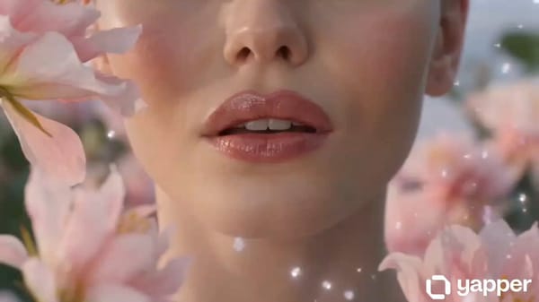 SCENE: A magical spring garden filled with blooming pink flowers, soft sunlight, and floating g…