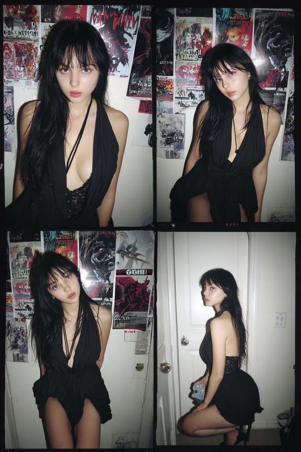 A 4 panel photo collage of a slender woman in her 20s, shot in a casual amateur smartphone style. S… prompt example