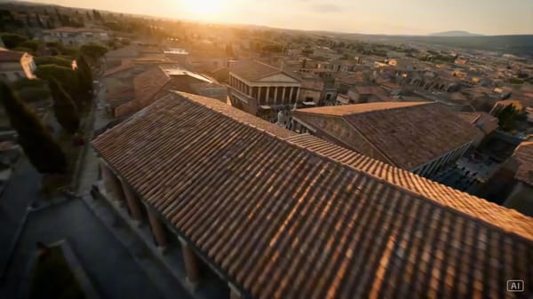 FPV drone shot beginning with a high-speed dive from above the rooftops of Pompeii at sunrise, the… prompt example