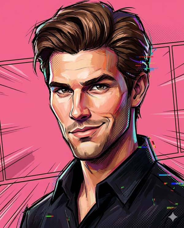 A painterly exaggerated cartoon portrait combining sculpted 3D anatomy with hand-painted illustrati… prompt example
