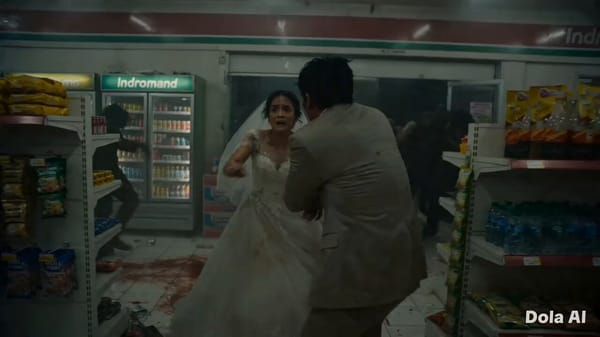 Ultra photorealistic cinematic scene of a young Indonesian couple in prewedding attire running hand… prompt example