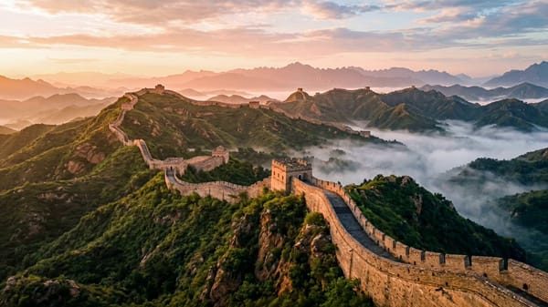 Cinematic 15-second historical landmark tour of the Great Wall of China at sunrise composed of…