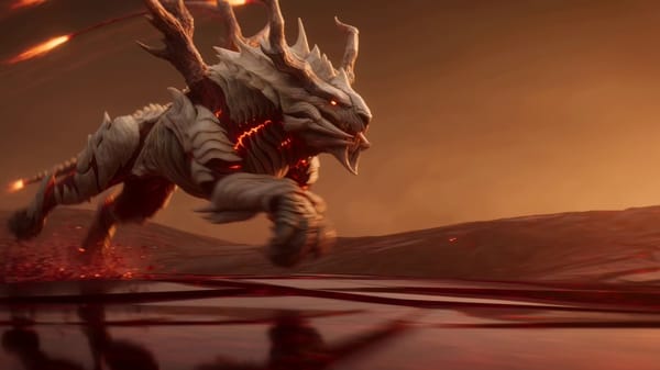 In a crimson desert of glass dunes under a dying sun, reveal the Thornmaw Monarch, a towering q…