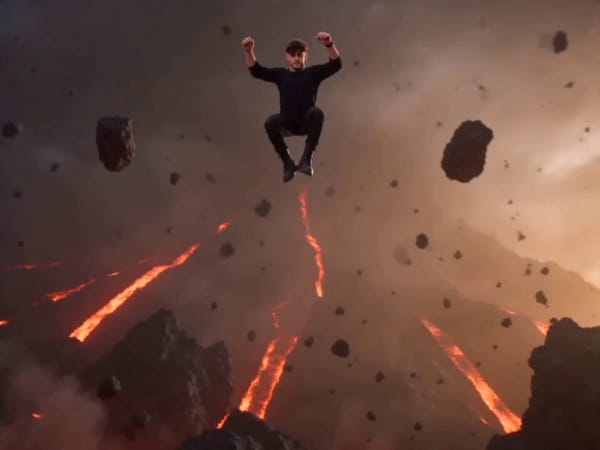 A fast-paced cinematic sequence in a glowing volcanic terrain. A warrior with natural skin tone…